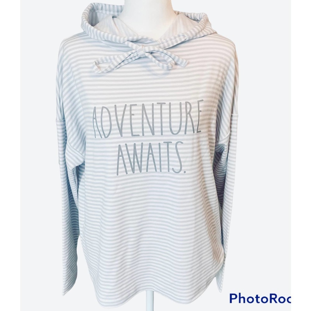 Rae Dunn White & Grey Striped Berkeley Hoodie "Adventure Awaits"